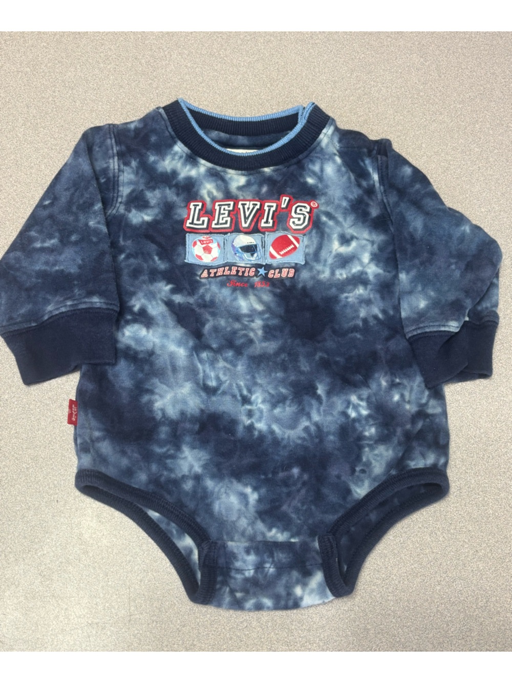 Levi's Navy and Light Blue Tie-Dye Crewneck Bodysuit with Red Sports Logos